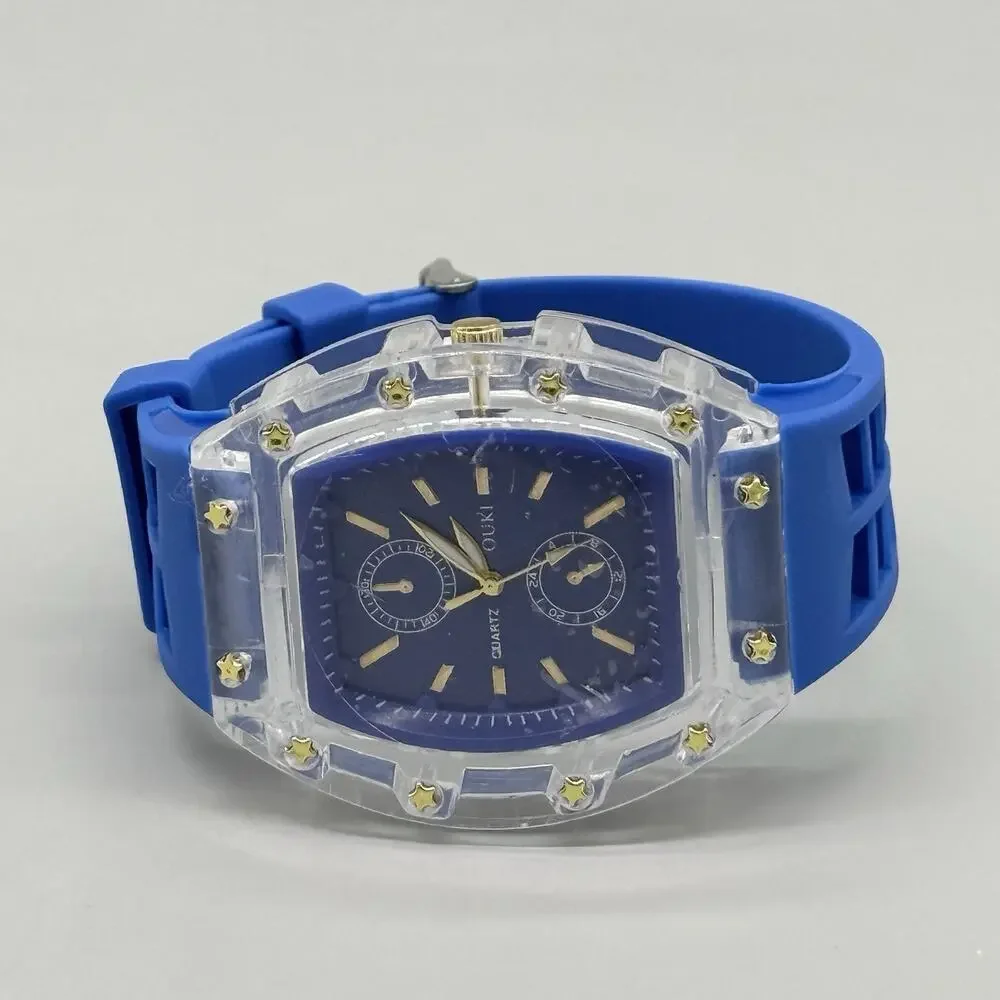 Ouki Mens Blue Tonneau Quartz Fashion Watch Skeleton Dial Mille Style Barrel